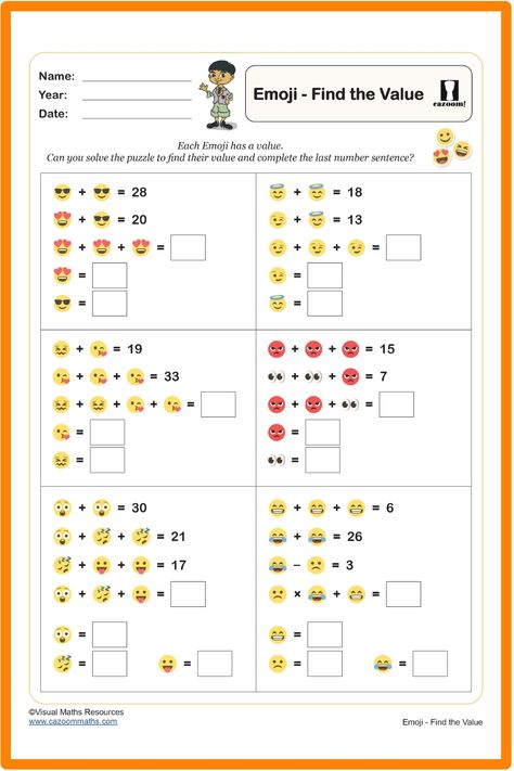 Engage your students with the Emoji Value Worksheet that makes learning substitution and equation solving enjoyable✨! Discover the mystery behind emojis as you solve puzzles to find their values and complete number sentences😍. A great resource for celebrating World Emoji Day or adding a fun twist to math lessons throughout the year.🎉 Year 9 Maths Worksheets, Ks3 Maths Worksheets, Year 8 Maths Worksheets, Ks1 Maths Worksheets, Year 6 Maths Worksheets, Year 5 Maths Worksheets, Year 7 Maths Worksheets, Year 4 Maths Worksheets, Year 3 Maths Worksheets