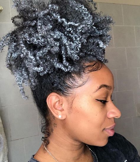 Natural Hair Dye For Grey Hair, Silver Natural Hair, Gray Dyed Hair Black Women, Grey And Black Curly Hair, Gray 4c Natural Hair, Afro Grey Hair Black Women, Grey Curly Lace Front Wig, Human Hair Ponytail Extensions, Temporary Hair Color