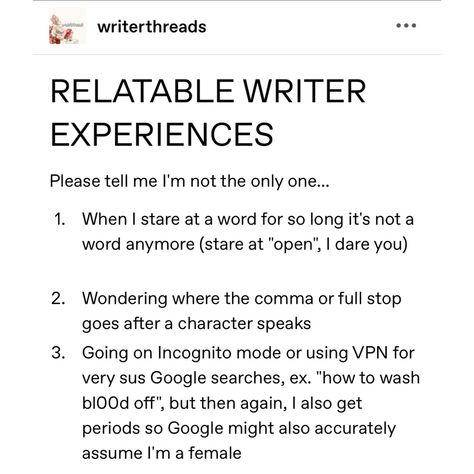 Imagine if nobody related to these… tell me what experiences you go through! 𝐇𝐢! 𝐖𝐞𝐥𝐜𝐨𝐦𝐞 𝐭𝐨 𝐖𝐫𝐢𝐭𝐞𝐫𝐭𝐡𝐫𝐞𝐚𝐝𝐬 ♡ We post regular tips, memes, book reviews, contests and other writing-related content! Follow us for more posts like this! Our DMs are always open for a chat :) 🧵𝐓𝐀𝐆𝐒: #writingprompts #prompts #writingmemes #storyprompts #storyideas #writingideas #books #writing #writingcommunity #writingtips #writinghelp #writerthreads #writing #writingadvice #writer #writersblock #writingtips #book... Books Writing, Writer Humor, Writing Memes, Writer Tips, Imagine If, Writing Inspiration Prompts, Book Writing Inspiration, Story Prompts, Writing Stuff