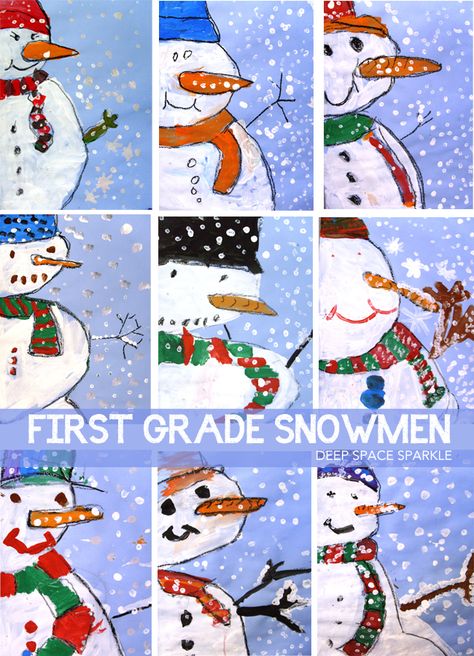 How to draw and paint a three-quarter view snowman Snowmen Art Projects For Kids, Snowman Art Kindergarten, Snowman Perspective Art, Christmas Paintings Easy Simple Kids, Snowmen At Night Art, First Grade Winter Art, Winter Directed Drawing For Kids, Perspective Snowman, Snowman Painting For Kids