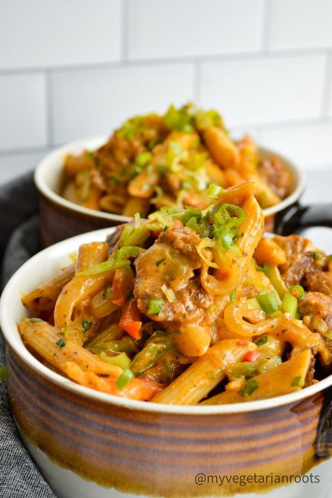 Protein Packed Veg Fajita Pasta Pasta Spicy, Fajita Pasta, Tofu Tacos, Protein Pasta, Protein Packed Meals, How To Cook Sausage, Penne Pasta, Protein Pack, Delicious Vegetarian