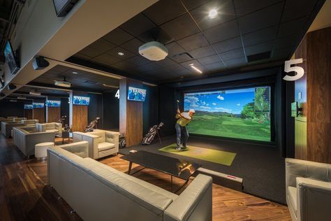 Indoor Golf Simulator Business, Golf Simulator Business, Golf Simulator Bar, Indoor Golf Room, Golf Simulator Room Design, Sports Simulator, Golf Lounge, Golf Aesthetics, Rooftop Ideas