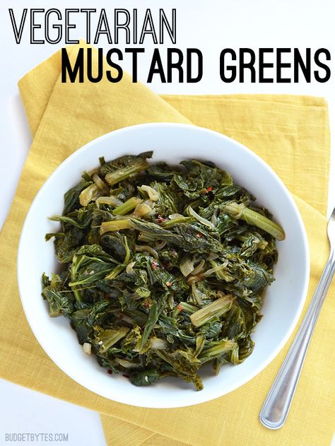 Vegetarian Mustard Greens - BudgetBytes.com Mustard Greens Recipe, Cooking Mustard Greens, Budget Bytes, Vegetable Broth, Mustard Greens, Dandelion Recipes, Budget Friendly Recipes, Vegetable Sides, Greens Recipe