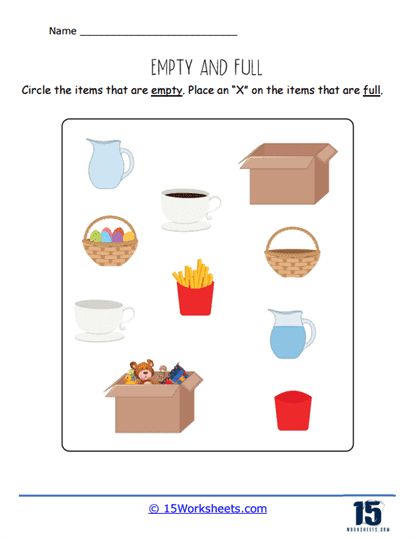 What Is Empty? Worksheet - 15 Worksheets.com Full Empty Worksheets For Kids, Full And Empty Worksheets, Preposition Worksheets, Holiday Science, Kindergarten Social Studies, Life Skills Classroom, Alphabet Activities Preschool, Activities Preschool, Preschool Learning Activities