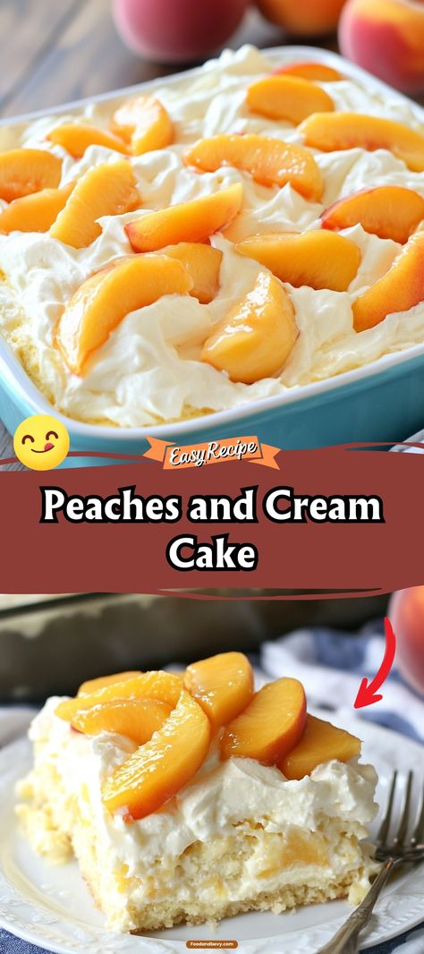 Peaches and Cream Cake Peaches And Cream Cake Recipe, Peaches And Cream Cake, Cake Preparation, Peach Pie Filling, Chicken Cake, Fluffy Cake, Fruity Treats, Fruity Cake, Hearty Lunch