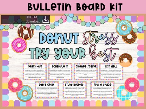 Test Prep Bulletin Board | Finals bulletin | exam success | donut stress  | positive thinking bulletin board kit | motivational bulletin | Testing Bulletin Board Ideas For School, Test Prep Bulletin Board, Testing Bulletin Boards, Funny Baby Jokes, Baby Jokes, Study Strategies, Exam Success, Exam Motivation, Counseling Activities