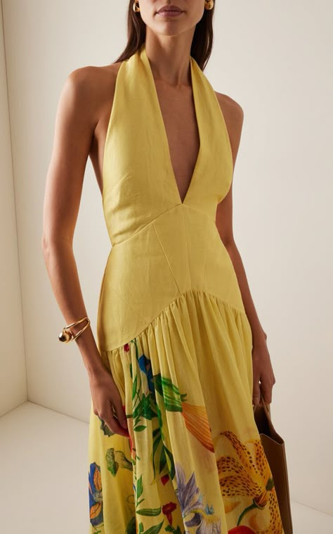 Island Wedding Guest Dress, Yellow Summer Dresses, Chic Resort Wear, Yellow Dahlia, Linen Dresses Summer, Summer Gowns, Halter Dress Summer, Dress Code Wedding, Chic Dress Classy