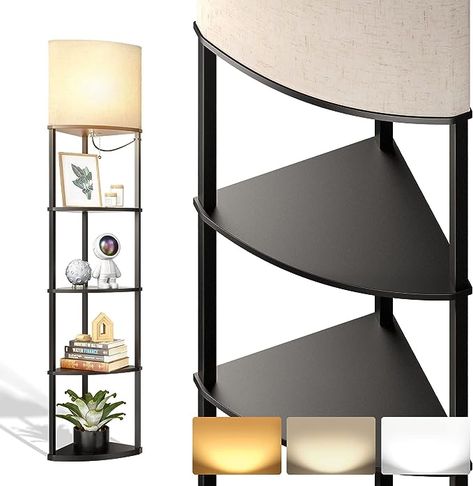 addlon 5-Tier Sector Corner Shelf Floor Lamp Display with 3 Color Temperatures LED Bulb and White Lamp Shade, Shelves for Living Room, Bedroom and Office - Black - Amazon.com Lamp Display, Shelf Floor Lamp, Shelf Lamp, Linen Lamp, Shelves For Living Room, Linen Lamp Shades, Corner Lamp, Floor Lamp With Shelves, Office Black