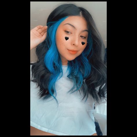 #blackhair #bluehair #bluehairunderneath #dallas #hair #fallhair # Half Black Half Blue Hair Underneath, Half Blue Hair Underneath, Peekaboo Hair Color Teal, Blue Color Blocking Hair, Blue Front Strands Of Hair, Brown With Blue Underneath, Brown Hair With Blue Money Piece, Black Hair Blue Money Piece, Black And Blue Hair Underneath