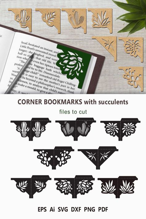 Corner bookmarks with succulents Bookmark Cricut, 3d Tiskárna, Laser Cut Paper, 3d Files, Idee Cricut, Patterns Printable, Joy Cards, Laser Cut Wood Crafts, Projets Cricut