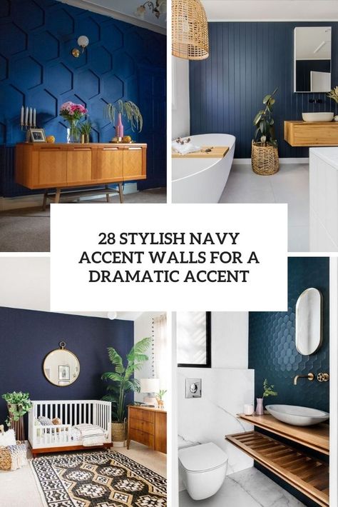 28 Stylish Navy Accent Walls For A Dramatic Accent - DigsDigs Navy Blue Entryway Accent Walls, Navy Dining Room Accent Wall, Navy Blue And Gold Accent Wall, Blue And Gold Accent Wall, Navy Blue Feature Wall Living Room, Navy Bedroom Ideas Gold Accents, Dark Navy Accent Wall, Blue Accent Wall Office, Navy Blue Office Walls