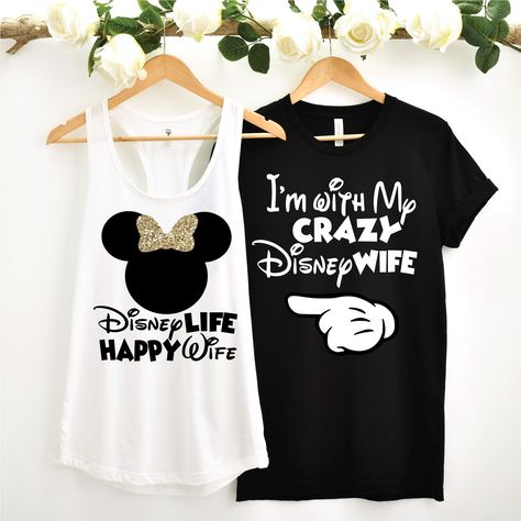 Minnie and Mickey Matching Shirts , Couples shirts, Life Happy Wife, theme park  Wedding shirts, Matching Funny Shirts Our Best Selling Shirts, now come in a variety of different styles and saying options! Matching t-shirts/tank tops are a must have for any bachelorette party and bridal party get together. Show everyone you are there to celebrate the Bride to be and stand out in a crowd! Please scroll through all listing photos to get complete details. HOW TO ORDER: Please see our "How to order Disney Date Outfit, Cruise Prep, Mickey Shirts, Disney Couple Shirts, Park Life, Couples Shirts, Kids Onesies, Matching Disney Shirts, Minnie And Mickey