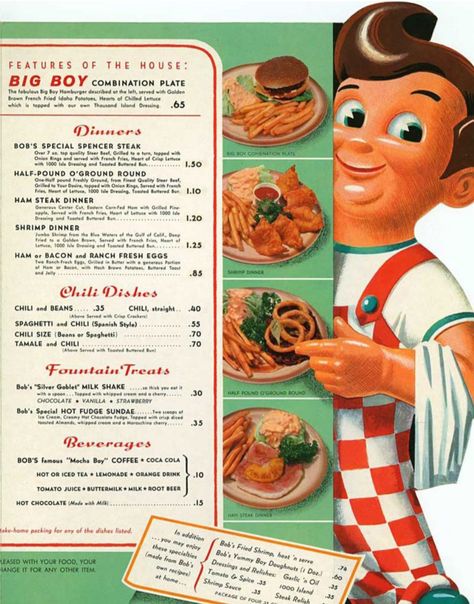 Ham Steak Dinner, Big Boy Restaurants, Menu Breakfast, Diner Menu, Ham Steaks, Shrimp Dinner, Vintage Menu, Vintage Restaurant, Retro Advertising