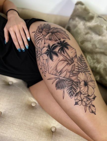 Beach Theme Leg Tattoo, Beachy Half Sleeve Tattoos For Women, Island Sleeve Tattoos For Women, Thigh Beach Tattoo, Beach Tattoo Thigh, Beach Leg Tattoos Women, Beach Lover Tattoos For Women, Beach Leg Sleeve Tattoo, Tropical Hip Tattoo