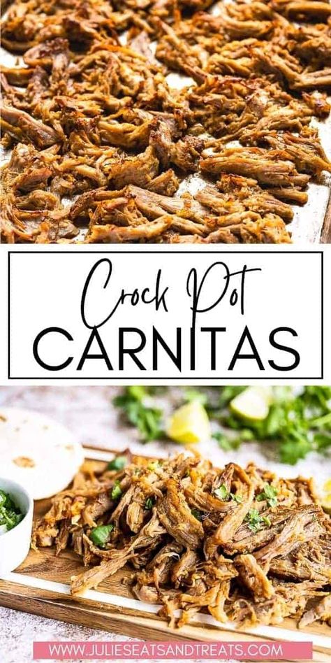 A quick and easy dinner using your slow cooker! These Crock Pot Carnitas are perfectly crispy, yet tender and juicy with so much flavor from the blend of spices. Pile seasoned pork in a soft tortilla with your favorite toppings for an easy weeknight dinner recipe. Carnitas Pork, Carnitas Crockpot, Slow Cooker Carnitas, Slow Cooker Pork Roast, Pork Carnitas Slow Cooker, Carnitas Recipe, Slow Cooker Roast, Pork Carnitas, Crockpot Pork