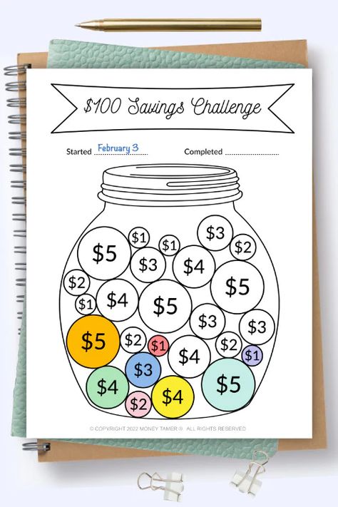 100 Dollar Challenge Jar (Printable) – Money Tamer Shop Dollar Challenge, Tips On Saving Money, Jar Printable, Saving Money Chart, Money Chart, Savings Challenge Printable, Money Saving Methods, Saving Plan, 100 Dollars