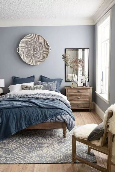 You HAVE TO check out these bedroom ideas for small rooms! They’re SO GOOD! I'm so glad I found these master bedroom ideas for the color blue and keeping it modern, definitely going to use these decor ideas for the home to use a monochromatic color scheme in the bedroom with my interior design! Pinning these blue bedroom ideas for couples for later! Design Ložnic, Bedroom Wall Colors, Small Bedrooms, Gray Walls, Bedroom Ceiling, Bedroom Paint Colors, Couple Bedroom, Modern Bedroom Design, Blue Interior