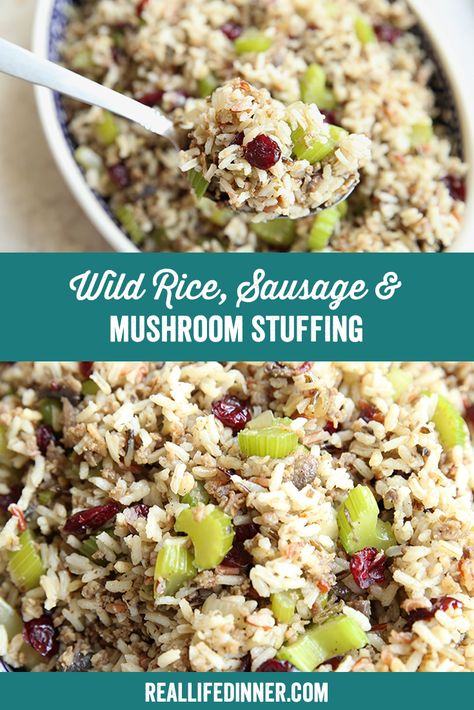 Two-photo Pinterest picture of Wild Rice Sausage and Mushroom Stuffing with the text of the title in the middle, separating the photos. Sausage Rice Stuffing, Sausage And Rice Stuffing, Wild Rice Dressing With Sausage, Wild Rice Stuffing Thanksgiving, Sausage And Mushroom Stuffing, Wild Rice Dressing, Rice Dressing Recipe, Wild Rice Stuffing Recipes, Delicious Stuffing Recipe