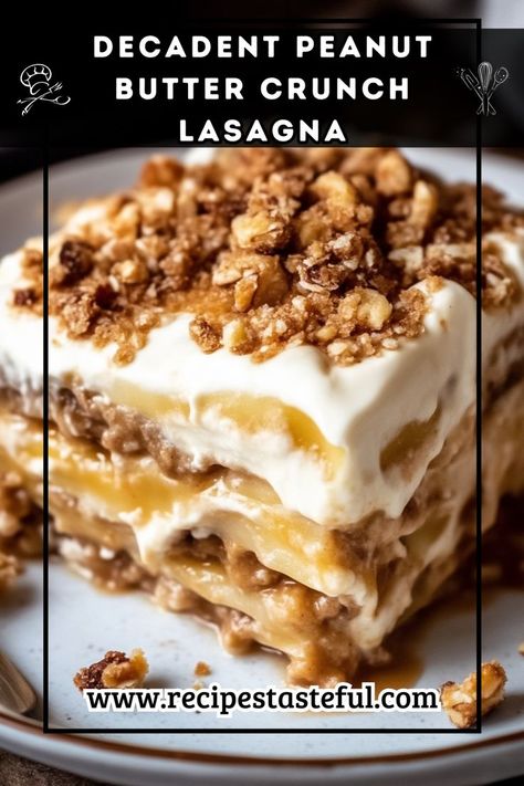 Indulge in layers of creamy peanut butter, rich chocolate, and crunchy peanuts with this easy-to-make lasagna dessert that is perfect for any peanut butter lover. Peanut Butter Crunch Lasagna, Lasagna Dessert, Peanut Butter Lasagna, Butter Crunch, Peanut Butter Crunch, Lasagna Recipes, Vanilla Pudding Mix, Peanut Butter Lovers, Peanut Butter Recipes