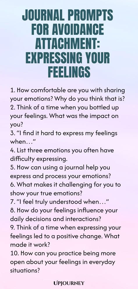 Explore these thoughtful journal prompts designed to help you navigate avoidance attachment and express your feelings effectively. Dive deep into self-reflection with these powerful prompts that can guide you towards understanding your emotions better. Start your journey of healing and growth with this helpful resource. Perfect for anyone looking to explore their attachment style and improve their emotional intelligence through the practice of journaling. Access these prompts today and begin a j Emotional Intelligence Journal Prompts, How To Express Your Feelings, Journaling Topics, Therapist Tips, Journal Prompt Ideas, Easy Journal, Avoidant Personality, Journaling Routine, Work Etiquette