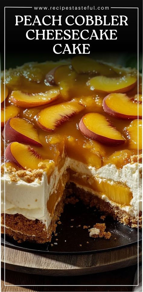 This decadent Peach Cobbler Cheesecake Cake layers a creamy cheesecake over a graham cracker crust, topped with a luscious peach filling. It's the perfect dessert for any occasion, combining the rich flavors of cheesecake and peach cobbler. Peach Cobbler With Graham Cracker Crust, Peach And Cream Cake, Peach Cobbler Canned Peaches Recipes, Can Peaches Recipes, Can Peach Cobbler, Unique Dessert Recipes, Peach Cobbler Cheesecake Recipe, Canned Peach Cobbler Recipe, Summer Cheesecake