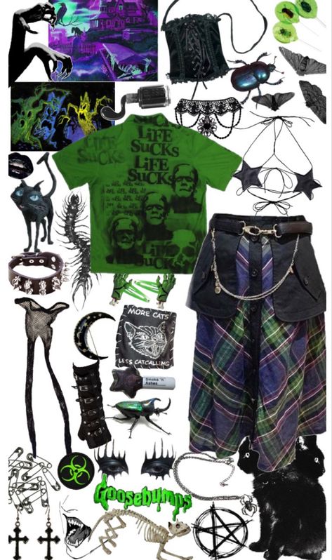 green and purple goth ig Black And Green Alt Outfit, Purple And Green Aesthetic Outfit, Cartoon Redesign, Green Goth Outfit, Green Goth, Pink Outfits Aesthetic, Purple Goth, Street Racer, Bubble Goth