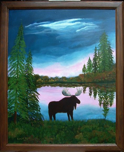 Easy Moose Painting, Cartoon Moose Painting, Watercolor Moose Painting, Moose Acrylic Painting Easy, Elk Painting Acrylics, Moose Paintings On Canvas, Easy Nature Paintings, Moose Painting, Wildlife Paintings