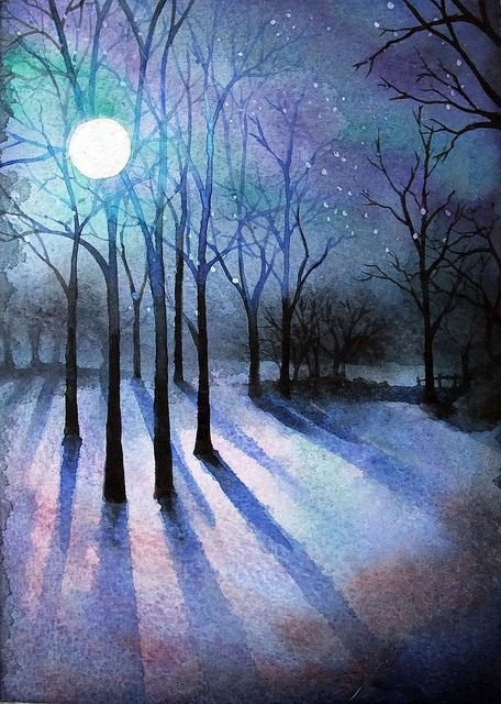 watercolour test to see if I could do a night time version of my woody scene. Nature Landscape Painting, Painting Snow, Winter Watercolor, Watercolor Projects, Winter Painting, Night Landscape, 수채화 그림, Watercolor Landscape Paintings, Watercolor Trees