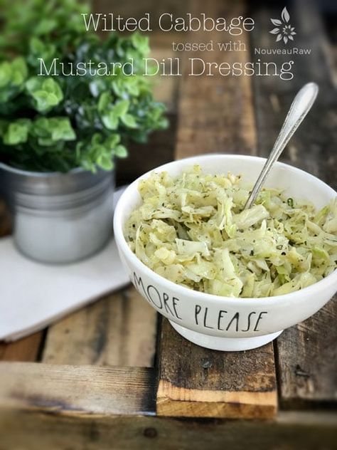 raw / vegan / gluten-free / nut-free When it comes to enjoying raw cabbage, coleslaw may be the most familiar cabbage preparation out there. It's not too often that you see a person just munching away on a head of raw cabbage. If I am going to eat it raw and coleslaw isn't what my taste buds are begging for, I like to soften the texture by wilting it. You can wilt it by lightly [...] Wilted Cabbage, Cabbage Coleslaw, Vegan Cabbage, Raw Cabbage, Dill Dressing, Raw Vegan Recipes, Coleslaw, Raw Vegan, Nut Free