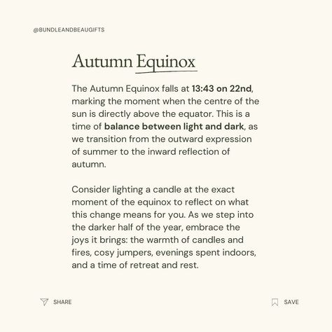 As the Autumn Equinox approaches on 22nd September at 13:43, we find ourselves at a moment of perfect balance between light and dark 🌗✨ Light a candle to mark the transition from summer’s outward energy to the inward reflection of autumn. With the New Moon in Virgo on 3rd September, it’s time to focus on self-care and well-being. 🌿 And don’t miss the Harvest Moon and partial lunar eclipse on the 18th in Pisces, a time to tune into the subtle energies around you 🌕💫 September is a month of a... New Moon In Virgo, Moon In Virgo, Solstice And Equinox, Light A Candle, Virgo Moon, Lunar Eclipse, Dark Light, The Harvest, Harvest Moon