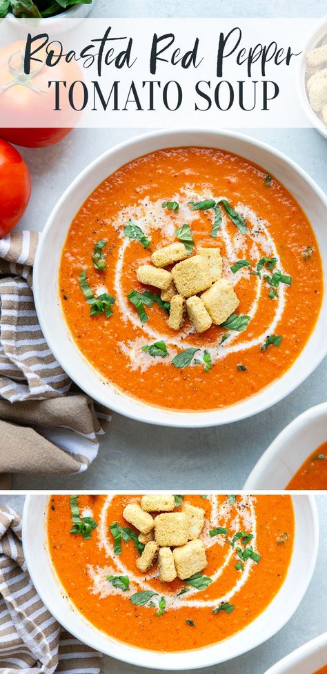 Flavorful roasted red peppers and fresh tomatoes make the most incredible soup base in this creamy, comforting tomato soup! Zesty Tomato Soup, Tuscan Tomato Soup, Roasted Red Pepper Soup Recipe, Roasted Red Pepper And Tomato Soup, Roasted Tomatoes Soup, Tomato Pepper Soup, Vegetarian Tomato Soup, Tomato Red Pepper Soup, Red Pepper Tomato Soup