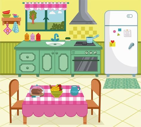 Soft Board Decoration, Kitchen Cartoon, Kitchen Clipart, Cartoon Kitchen, Kitchen Background, Kitchen Drawing, House Cartoon, Kids Play Kitchen, Cartoon House