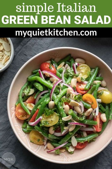 Marinated Italian Green Bean Salad - My Quiet Kitchen Bean Salad Recipes Healthy, Marinated Green Beans, Italian Vinaigrette, Green Bean Salad Recipes, Italian Green Beans, Green Bean Salad, Marinated Vegetables, Vegan Party Food, Green Salad Recipes