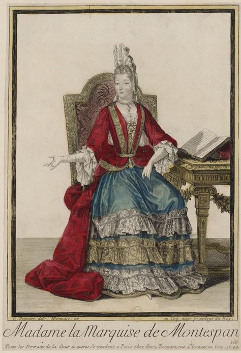 Marquise de Montespan  (Bibliothèque nationale de France) Seems a little late to be Montespan to me. 1680s Dress, 1600s Dresses, 1690s Fashion, Baroque Dresses, 17th Century Clothing, 16th Century Fashion, Baroque Dress, 17th Century Fashion, 17th Century Art