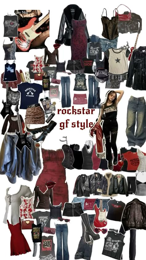 mine dont repost #rockstar #style #outfits Aesthetic Outfits Rockstar Gf, Grunge Style Board, Rockstar Theme Party Outfit, 90a Grunge Outfits, Summer Punk Outfits Soft Grunge, Guitar Hero Outfits, 80 Rockstar Outfit, Rockstar Chic Aesthetic, Rock Stars Gf Outfits