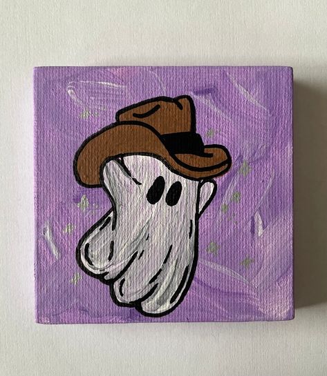 3x3 Purple Hand Painted Sparkle Halloween Ghost With Cowboy - Etsy Popular Canvas Paintings, Easy Ghost Painting, Easy Things To Paint On Canvases, Ghost With Cowboy Hat, Easy Thing To Paint On Canvases, Cute Art Drawings, Ghost Halloween Decor, Halloween Canvas Paintings, Western Ghost