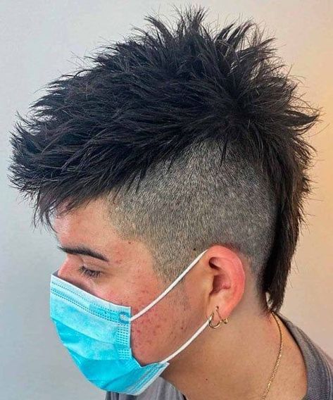 Faux Hawk Mullet Haircut Mohawk Hairstyles Men Long, Mohawk Haircut Mens, Short Punk Haircuts Men, Short Mohawk Men, Mohawk Long Hair, Mohawk Mullet Mens, Asian Mohawk, Mens Mohawk Hairstyles, Modern Mohawk Men