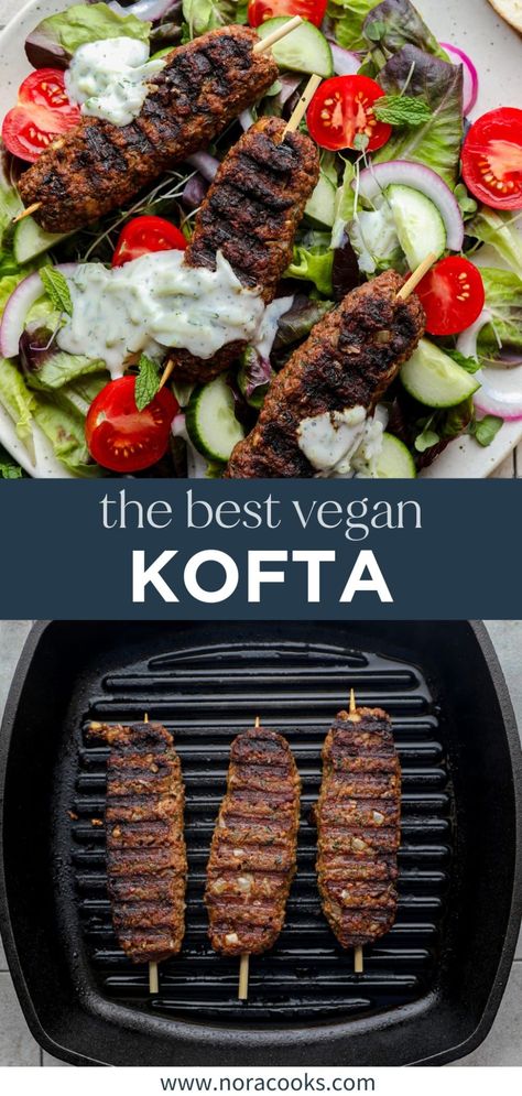 These vegan kofta kebabs are grilled to perfection and served with creamy vegan tzatziki. Made from a bold blend of vegan ground meat, spices, and herbs, they’re a hearty protein to serve in flatbread wraps or Middle Eastern-inspired salads. Vegan Kebab Recipes, Vegan Kofta Recipes, Vegan Kofta, Vegan Ground Meat, Middle Eastern Vegan, Kefta Recipe, Greek Picnic, Flatbread Wraps, Vegan Lebanese