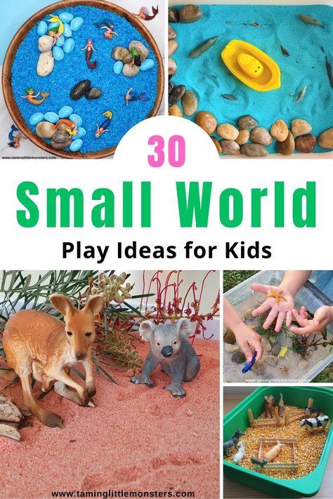 30 Fun Small World Play Ideas for Kids - Taming Little Monsters Small World Tray Ideas, Fall Small World Play, Sensory Small World Play, Messy Play For Preschoolers, Pure Imagination Aesthetic, Small World Ideas, Small World Eyfs, Small World Play Ideas, Morning Boxes