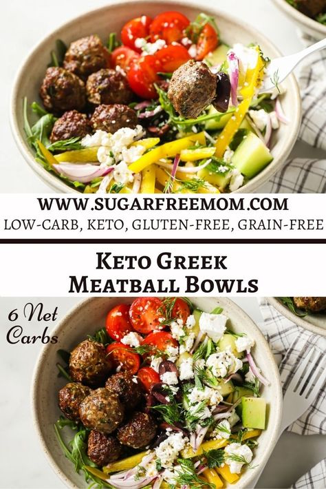 Low Carb Greek Bowl, Keto Greek Bowl, Keto Greek Chicken Bowls, Healthy Greek Meatballs, Weeknight Dinner Easy, Meatball Bowls, Greek Meatball Bowl Skinnyish, Keto Greek, Keto Basics