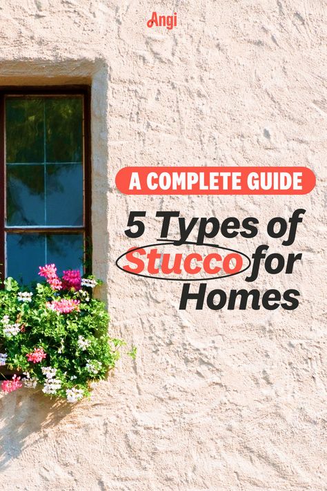 5 types of stucco for homes with a pink stucco home with a flower box at the window Stucco Exterior Makeover, Stucco Exterior Colors, Plaster Wall Texture, Plaster House, Stucco Colors, Stucco Texture, Stucco Finishes, Stucco Homes, Porch Makeover