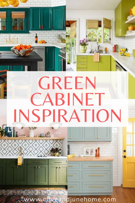 Green Kitchen Cabinet Inspiration Green Kitchen Cabinets Eclectic, Mint Kitchen Ideas, Fun Cabinet Colors, Fun Kitchen Cabinet Colors, Green Bottom Kitchen Cabinets, Yellow And Green Kitchen, Green Kitchen Cupboards, Modern Kitchen Shelves, Light Green Kitchen