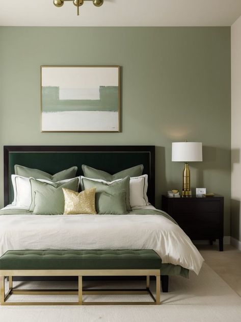 Sage Green Accent Wall Bedroom Boho, Bedroom Inspirations Master Sage Green, Sage Gold Bedroom, Sage Green Black And Gold Bedroom, Green And Brass Bedroom, Green And Gold Bed, Green And Gold Bedding, Sage And Gold Bedroom, Sage And Black Bedroom