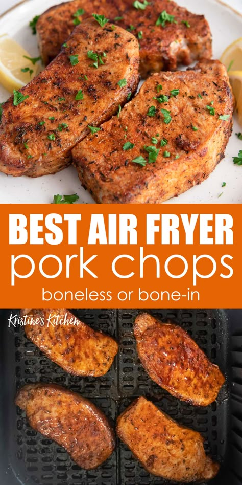 These Air Fryer Pork Chops are so juicy, perfectly seasoned and easy to make! Recipe includes cook times for boneless and bone in pork chops. Pork Chop Recipes Healthy, Air Fry Pork Chops, Pork Chops Bone In, Air Fryer Recipes Pork, Healthy Pork Chops, Healthy Pork Chop Recipes, Air Fryer Pork, Air Fryer Pork Chops, Healthy Pork