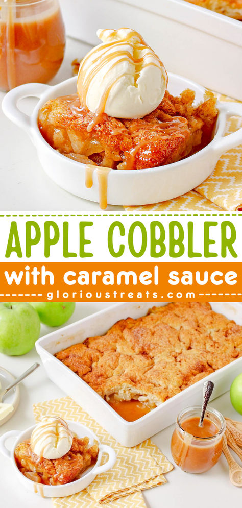 Out of simple Fall food ideas? This Apple Cobbler with homemade caramel sauce is the perfect way to dive into fall baking! Pin this easy Fall recipe! Easy Thanksgiving Dessert Recipes, Apple Cobbler Recipe, Cobbler Topping, Apple Recipes Easy, Thanksgiving Desserts Easy, Easy Autumn Recipes, Apple Cobbler, Homemade Caramel Sauce, Apple Dessert Recipes