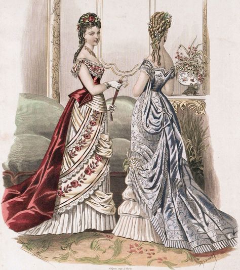 Theater DressWomen are meant to be seen while attending the opera, but the opposite is true for attending the theater. Your dress should be modest and subdued. “The dress for the theater, excepting some especial occasion, when full-dress is worn, is generally that worn for the promenade.”—The Art of Dressing Well, pg 90 (1870)Street bonnets should be worn, or even a hat, along with a loose shawl or cloak that can be removed if it becomes too warm. Gloves should be of kid and colored—not wh Bustle Dresses, 1870 Fashion, 1880 Fashion, 1870s Fashion, Victorian Era Fashion, 1880s Fashion, 1800s Fashion, Victorian Costume, 19th Century Fashion