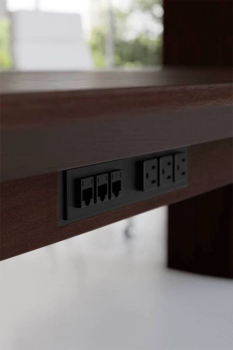 If tabletop electrical ports aren't suitable, placing them under the table is a great alternative. Creative Office Furniture, Custom Conference Table, College Office, Office Decor Professional, Conference Tables, Boardroom Table, Office Furniture Design, Custom Office, Business Products