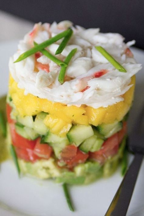 First Course Ideas, Stacked Salads, Stack Salad, Crab Stack, Salad Recipes Holidays, Nordstrom Cafe, Cilantro Lime Vinaigrette, Entertaining Menu, Vinaigrette Recipe