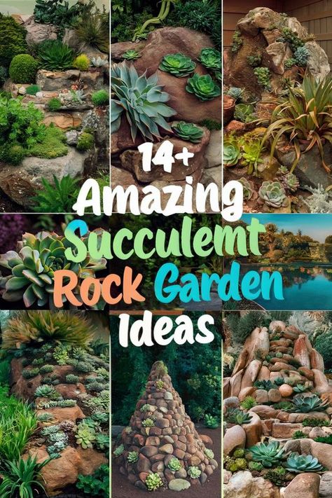 Tired of your dull, high-maintenance yard that wilts in the summer heat? Let our collection of 14 succulent rock garden ideas inspire you to create a vibrant, water-efficient outdoor space that combines striking succulents with natural stone elements. Pin this now to access expert tips on succulent landscaping and rock garden design that will revolutionize your garden! Succulent Garden Design Outdoors, Rock Gardens With Plants, Succulent Landscaping Ideas, Succulent Rock Garden Landscaping, Succulent Rock Garden Ideas, Outdoor Succulent Garden, Diy Rock Garden, Cactus Garden Landscaping, Succulent Rock Garden