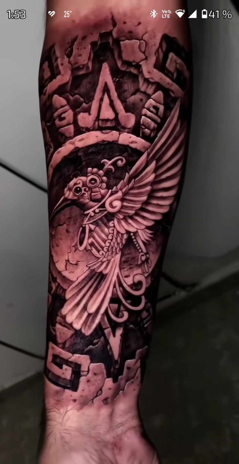 Tecun Uman Tattoo, Aztec Tribe Tattoo, Raza Tattoos, Chicano Leg Sleeve, Aztec Tattoo Designs For Men, Aztec Art Tattoo, Mexican Tattoo Ideas For Men, Aztec Eagle Tattoo, Aztec Tattoo Mexican